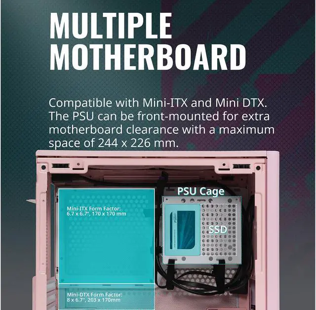 Alt view image 16 of 18 - Cooler Master MasterBox NR200P Flamingo Pink SFF Small Form Factor Mini-ITX Case w/ Tempered Glass or Vented Panel Option, PCI Riser Cable, Triple-slot GPU, Tool-Free and 360 Degree Accessibility