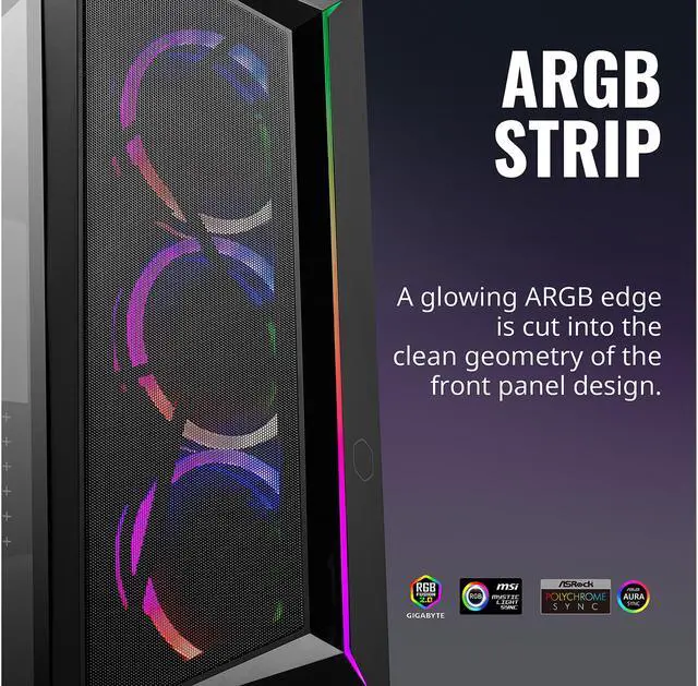 Alt view image 14 of 19 - Cooler Master CMP 510 ATX Mid-Tower with Mesh Intakes, ARGB Edge Strip, Tempered Glass Side Panel, Triple 120mm ARGB Lighting Fans