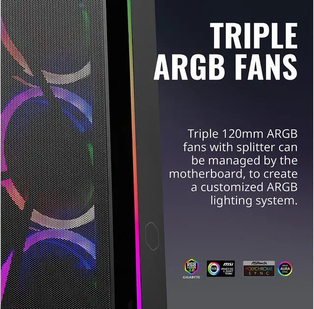 Alt view image 19 of 19 - Cooler Master CMP 510 ATX Mid-Tower with Mesh Intakes, ARGB Edge Strip, Tempered Glass Side Panel, Triple 120mm ARGB Lighting Fans