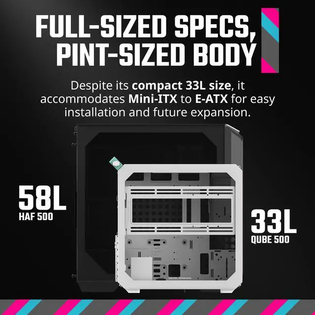 Alt view image 14 of 16 - Cooler Master QUBE 500 Flatpack Black Small High Airflow Mid-Tower ATX Customizable Gaming PC Case, Tempered Glass, Vertical GPU Mount, USB-C, Carrying Handle, Gem Mini (Q500-KGNN-S00)