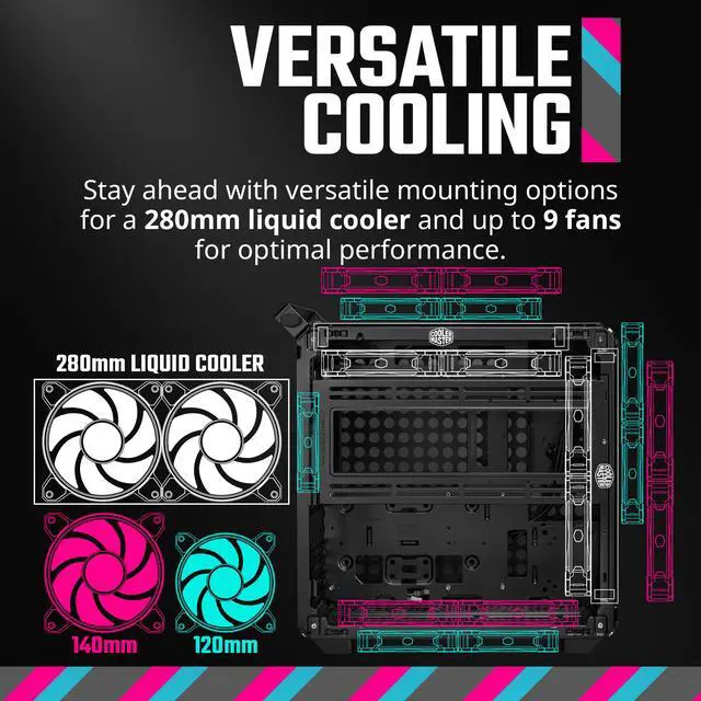 Alt view image 16 of 16 - Cooler Master QUBE 500 Flatpack Black Small High Airflow Mid-Tower ATX Customizable Gaming PC Case, Tempered Glass, Vertical GPU Mount, USB-C, Carrying Handle, Gem Mini (Q500-KGNN-S00)