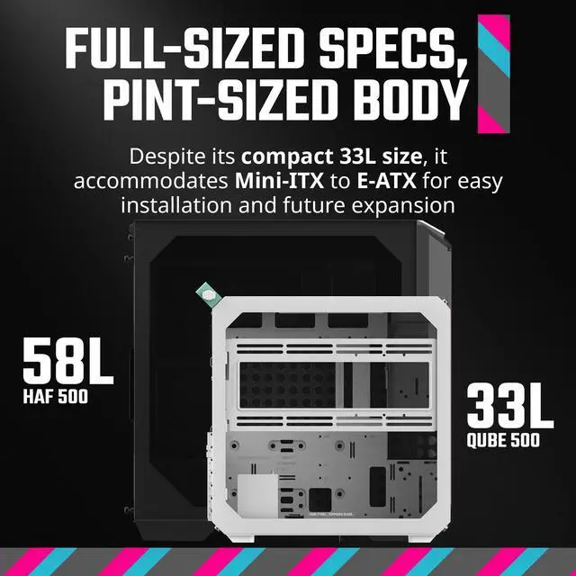 Alt view image 11 of 17 - Cooler Master QUBE 500 Flatpack White Small High Airflow Mid-Tower ATX Customizable Gaming PC Case, Tempered Glass, Vertical GPU Mount, USB-C, Carrying Handle, Gem Mini (Q500-WGNN-S00)