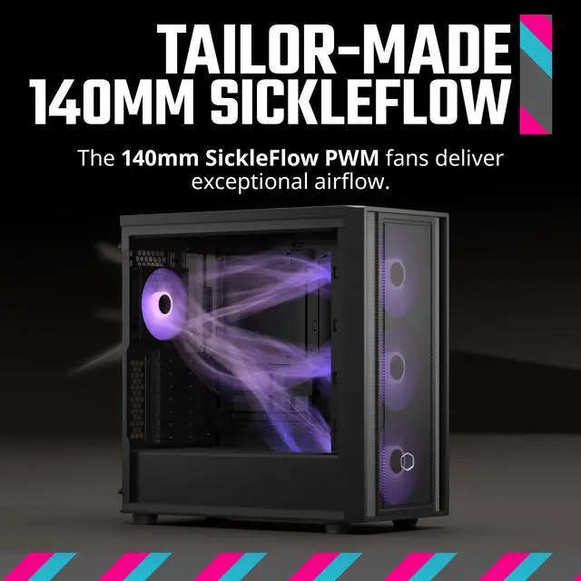 Alt view image 5 of 16 - Cooler Master MasterBox 600 ATX White Mid-Tower Case, Back-Connected Motherboard Asus|MSI|Gigabyte, 410mm GPU Max,*420mm AIO Max, Type C, Tempered Glass, Triple 140mm SickleFlow PWM, FineMesh Airflow