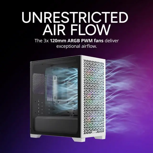 Alt view image 5 of 12 - Cooler Master Elite 302 White Micro-ATX High Airflow Minimalist PC Case, 365mm GPU Max, 280mm AIO Max, Type C, Tempered Glass, Triple 120mm aRGB PWM Fan, Intakes Grill, Breathable PSU Shroud