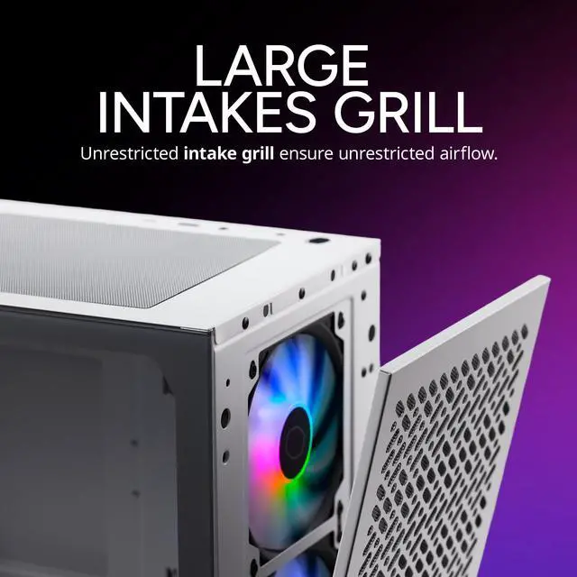 Alt view image 6 of 12 - Cooler Master Elite 302 White Micro-ATX High Airflow Minimalist PC Case, 365mm GPU Max, 280mm AIO Max, Type C, Tempered Glass, Triple 120mm aRGB PWM Fan, Intakes Grill, Breathable PSU Shroud