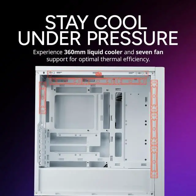 Alt view image 9 of 14 - Cooler Master Elite 502 ATX High Airflow Minimalist PC Case, 410mm GPU Max, Compatible RTX 5090|RX 7090 XT, 360mm AIO Max, Type C, Tempered Glass, Triple 120mm aRGB PWM Fan, Intakes Grill