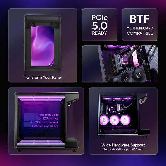 Alt view image 8 of 12 - Cooler Master MasterFrame 360 Stage LCD Open-Frame ATX PC Case, Front LCD Display, 430mm GPU Max, 360mm Radiator Support, Supports Up to 12 x120mm Fans, PCIe 5.0 Riser, USB4 Type-C, Vertical GPU Mount