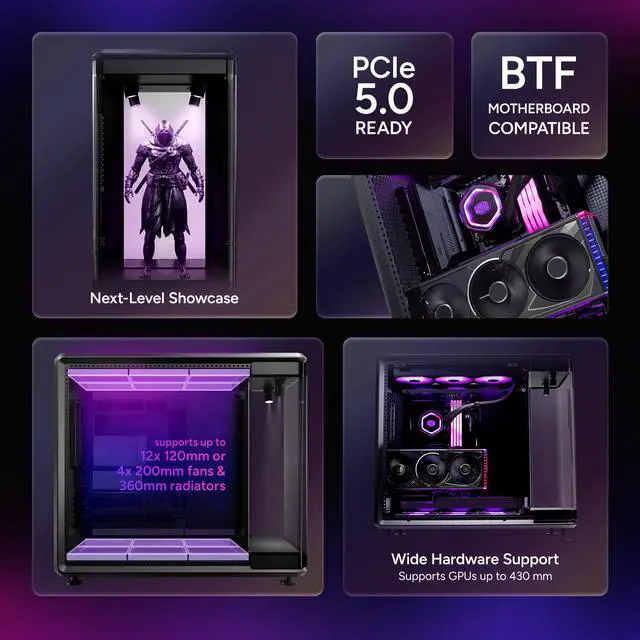 Alt view image 8 of 12 - Cooler Master MasterFrame 360 Panorama Open-Frame ATX PC Case, 3-Side Panoramic Tempered Glass, 430mm GPU Max, 360mm Radiator Support, PCIe 5.0, Supports Up to 12 x 120mm Fans, USB4 Type-C