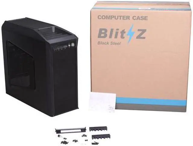 Alt view image 9 of 9 - HEC Blitz Black Steel Edition ATX Mid Tower Computer Chassis Gaming Case w/ Front Blue LED 120mm Fan & Top 120mm Fan