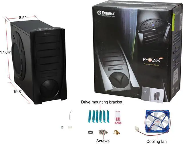 Alt view image 12 of 12 - ENERMAX PHOENIX NEO ECA3162-B-BL Black Aluminum / Steel Trim w/250mm Intake/Exhaust LED Phoenix Fan  ATX Mid Tower Case w/Front I/O 1 eSATA, 4 USB2.0, HD Audio I/O