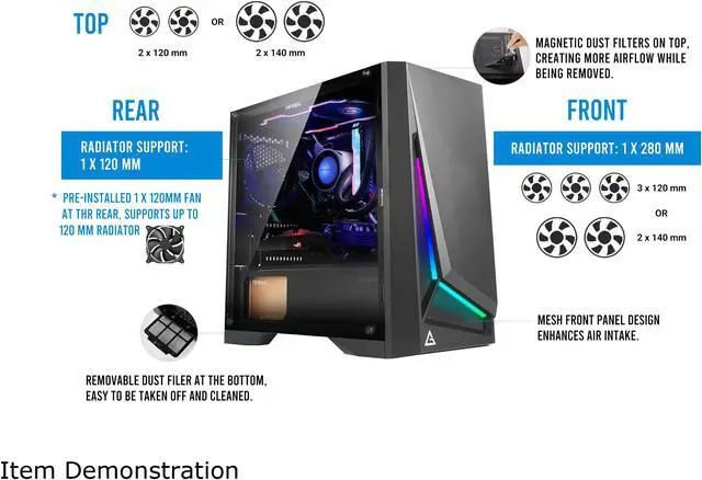 Alt view image 16 of 17 - Antec Dapper Dark Phantom DP301M Black Steel / ARGB Lighting / Tempered Glass Side Panel Compact Micro-ATX Gaming Case