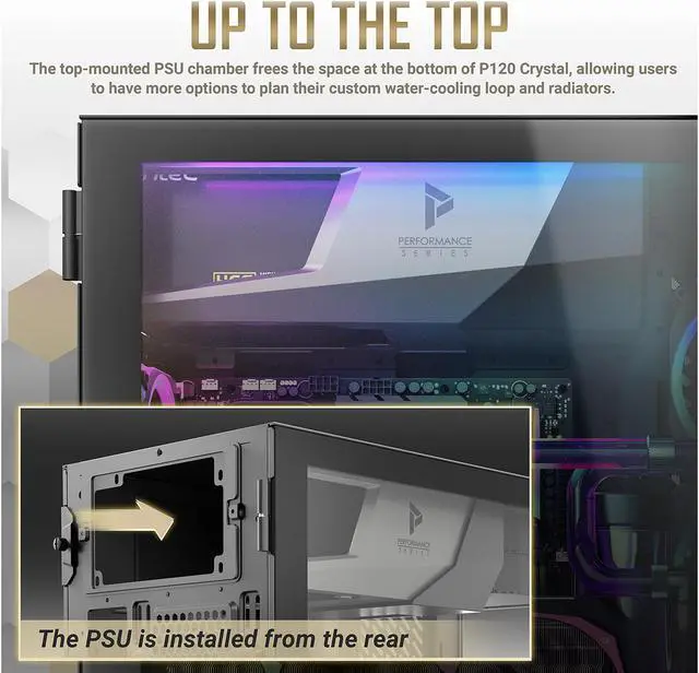 Alt view image 4 of 14 - Antec Performance Series P120 Crystal E-ATX Mid-Tower Case, Tempered Glass Front & Side Panels, Slide Button Design, Ready for 2 x 360 mm Radiators Simultaneously, Aluminum VGA Holder Included