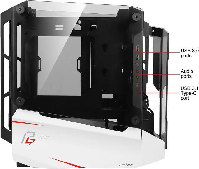 Alt view image 8 of 20 - Antec Striker Phantom Gaming Aluminum and Steel ITX Computer Case, Front GPU Mount, Up to 4 x 120 mm Fan Support, USB 3.1 Type-C Ready and PCI-E Riser Included, AsRock Special Edition