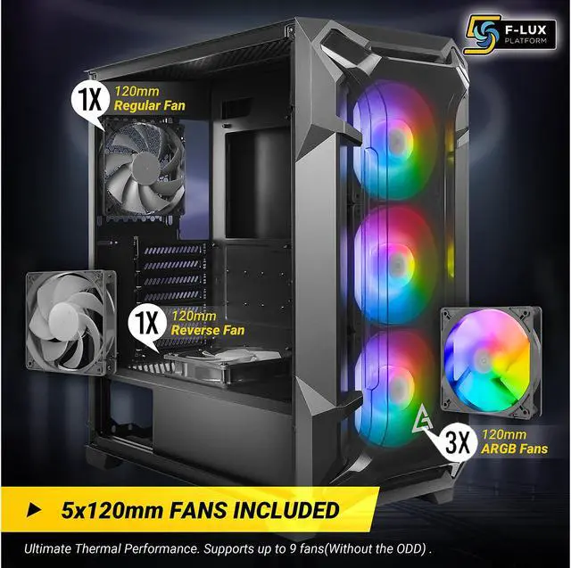 Alt view image 4 of 16 - Antec Dark League DF600 FLUX, Mid-Tower ATX Gaming Case, 5 x 120mm Fans Included, ARGB & PWM Fan Controller, Tempered Glass Side Panel, 2 x USB3.0, High-End GPU Support