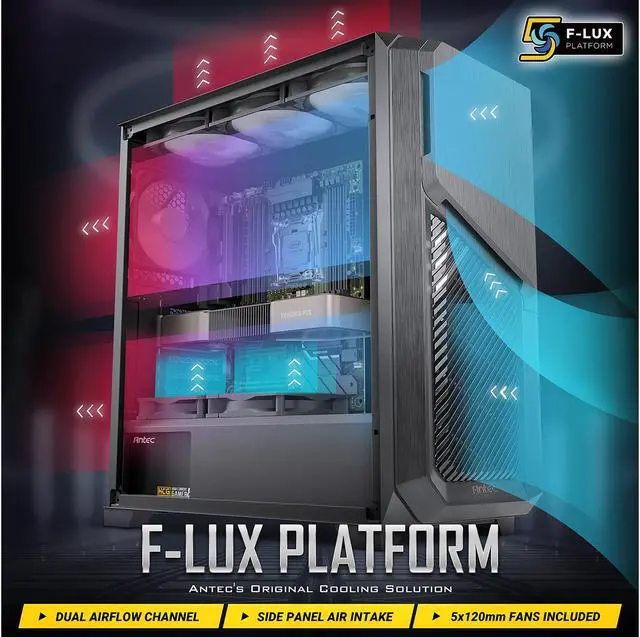 Alt view image 4 of 17 - Antec Dark League DP502 FLUX, Mid-Tower ATX Gaming Case, FLUX Platform, 5 x 120mm Fans Included, ARGB PWM Fans with Controller, 5.25" ODD Support, Tempered Glass Side Panel, Swing Open Front Panel
