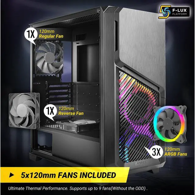 Alt view image 3 of 17 - Antec Dark League DP502 FLUX, Mid-Tower ATX Gaming Case, FLUX Platform, 5 x 120mm Fans Included, ARGB PWM Fans with Controller, 5.25" ODD Support, Tempered Glass Side Panel, Swing Open Front Panel