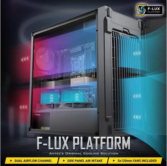 Alt view image 5 of 17 - Antec P10 FLUX, F-LUX Platform, 5 x 120mm Fans Included, Reversible & Swing-Open Front Panel, Air-Concentrating Filter, 5.25" ODD, Fan-Speed Control, Sound-Dampening Side Panels, Mid-Tower Silent Case