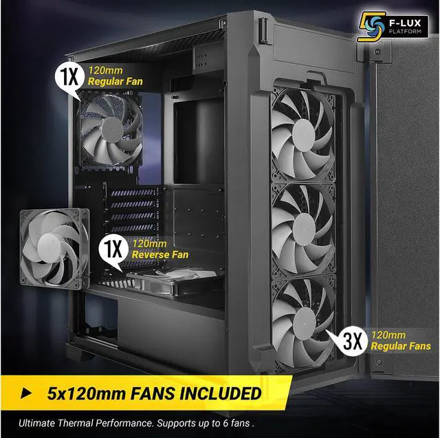 Alt view image 4 of 17 - Antec P10 FLUX, F-LUX Platform, 5 x 120mm Fans Included, Reversible & Swing-Open Front Panel, Air-Concentrating Filter, 5.25" ODD, Fan-Speed Control, Sound-Dampening Side Panels, Mid-Tower Silent Case