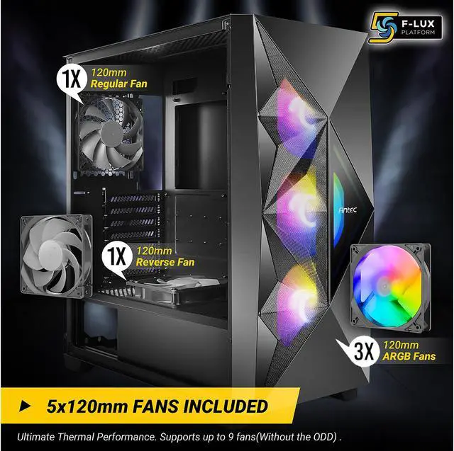 Alt view image 15 of 18 - Antec Dark League DF800 FLUX, 5 x 120 mm Fans Included, ARGB & PWM Fan Controller, Tempered Glass Side Panel, Geometrical Mesh Front, Mid-Tower ATX Gaming Case