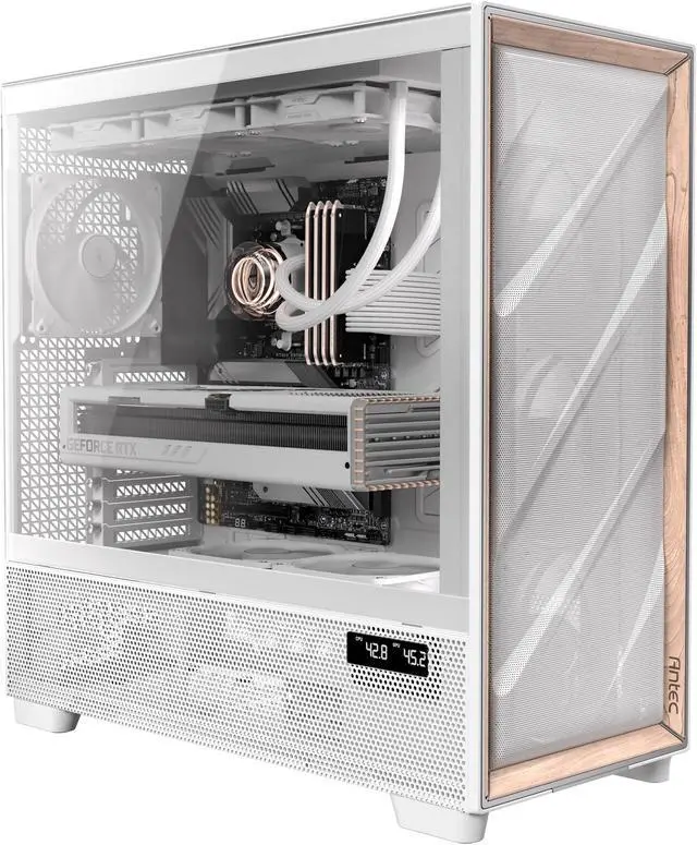 Alt view image 8 of 20 - Antec Flux Pro White, 6 x PWM Fans Included, High-Airflow Front Panel with Birch Wood, iShift PSU 90° Mount, USB3.0 x 2, Type-C, 420mm Radiator Support, Temp. Display, Full-Tower E-ATX PC Case