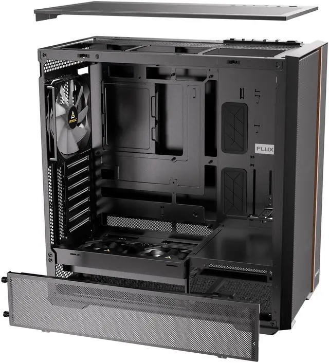 Alt view image 12 of 20 - Antec FLUX Rear, 5 PWM Fans Included, F-LUX Platform, Front PSU Chamber, Back Connect Motherboard Support, Premium Wood Accents, Tempered Glass, 360mm Top Radiator Support, Mid-Tower ATX PC Case