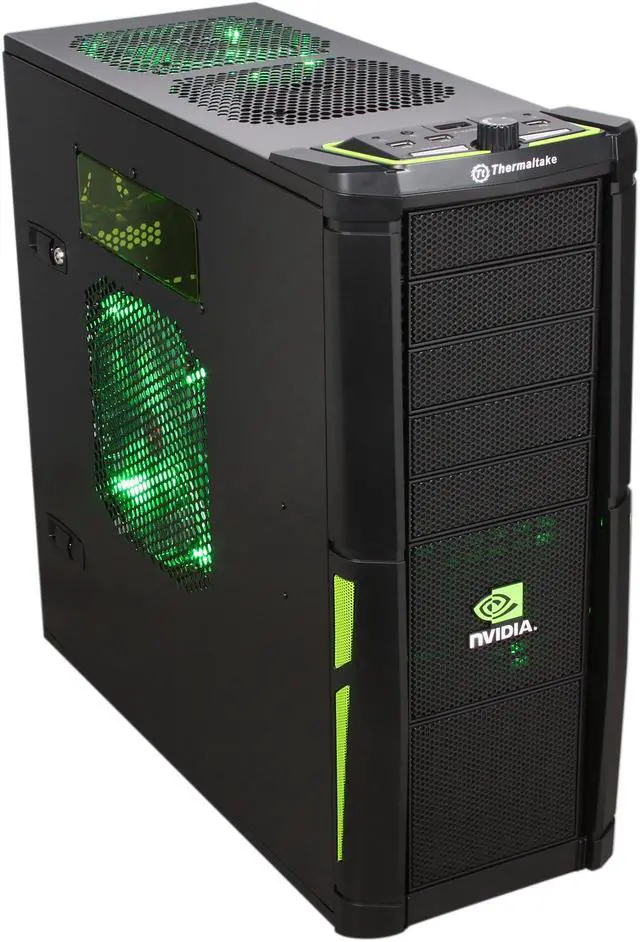 Main image of Thermaltake VL200L1W2Z NVIDIA Edition Black and Green Lining ATX Full Tower Gaming Computer Case w/ 2x 120mm Fan (Front & Rear), 1x Front Colorshift LED 120mm Fan, 1x Top Colorshift LED 200mm Fan, 1x Side Colorshift LED 230mm fan & 1x Delta