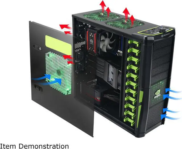 Alt view image 12 of 13 - Thermaltake VL200L1W2Z NVIDIA Edition Black and Green Lining ATX Full Tower Gaming Computer Case w/ 2x 120mm Fan (Front & Rear), 1x Front Colorshift LED 120mm Fan, 1x Top Colorshift LED 200mm Fan, 1x Side Colorshift LED 230mm fan & 1x Delta