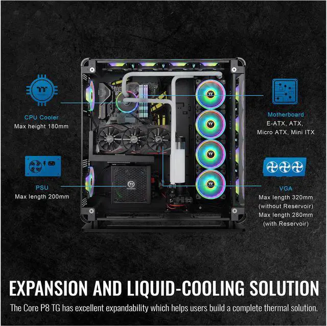 Alt view image 19 of 20 - Thermaltake Core P8 Tempered Glass E-ATX 2-Way Display Rotational PCI-E Full-Tower Gaming Computer Case, CA-1Q2-00M1WN-01