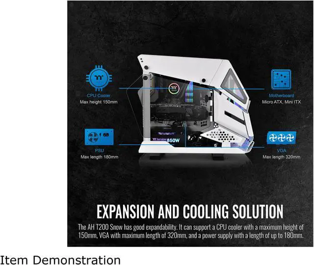 Alt view image 11 of 12 - Thermaltake AH T200 Snow Helicopter Styled Open Frame Tempered Glass Swing Door USB3.1 (Gen.2) Type-C m-ATX Micro Case CA-1R4-00S6WN-00