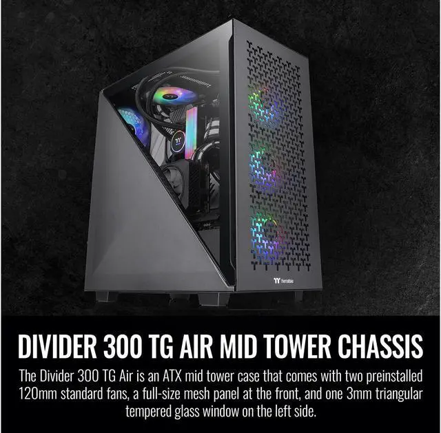 Alt view image 8 of 12 - Thermaltake Divider 300 TG Air Front Mesh Black Edition Triangular Tempered Glass Side Panel ATX Mid Tower Computer Case with 2 Pre-installed 120mm Fan CA-1S2-00M1WN-02