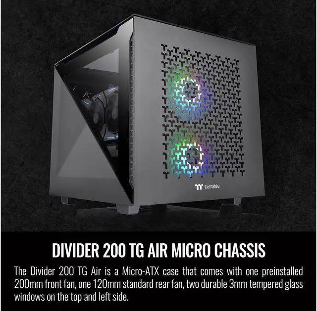 Alt view image 10 of 14 - Thermaltake Divider 200 TG Air Front Mesh Black Edition Triangular Tempered Glass Side Panel Micro-ATX Computer Case with Pre-installed 200mm Front Fan + 120mm Rear Fan CA-1V1-00S1WN-01