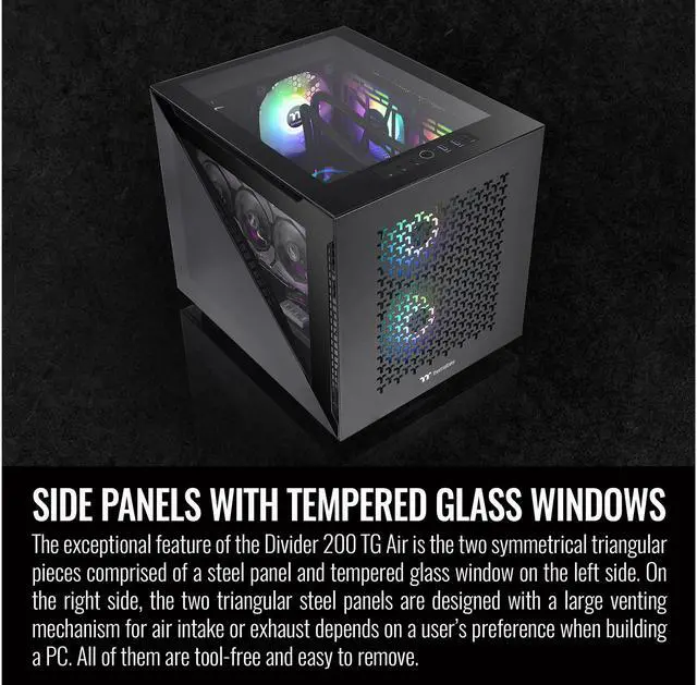 Alt view image 11 of 14 - Thermaltake Divider 200 TG Air Front Mesh Black Edition Triangular Tempered Glass Side Panel Micro-ATX Computer Case with Pre-installed 200mm Front Fan + 120mm Rear Fan CA-1V1-00S1WN-01