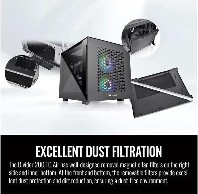 Alt view image 12 of 14 - Thermaltake Divider 200 TG Air Front Mesh Black Edition Triangular Tempered Glass Side Panel Micro-ATX Computer Case with Pre-installed 200mm Front Fan + 120mm Rear Fan CA-1V1-00S1WN-01