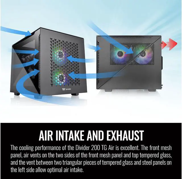 Alt view image 13 of 14 - Thermaltake Divider 200 TG Air Front Mesh Black Edition Triangular Tempered Glass Side Panel Micro-ATX Computer Case with Pre-installed 200mm Front Fan + 120mm Rear Fan CA-1V1-00S1WN-01