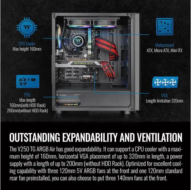 Alt view image 8 of 9 - Thermaltake V250 TG ARGB Air CA-1Q5-00M1WN-03 Black SPCC ATX Mid Tower Computer Case