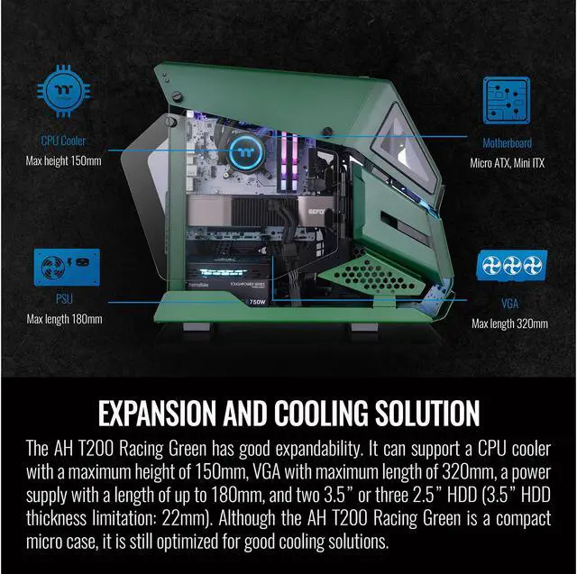 Alt view image 8 of 9 - Thermaltake AH T200 CA-1R4-00SCWN-00 Racing Green SPCC Micro ATX Tower Computer Case