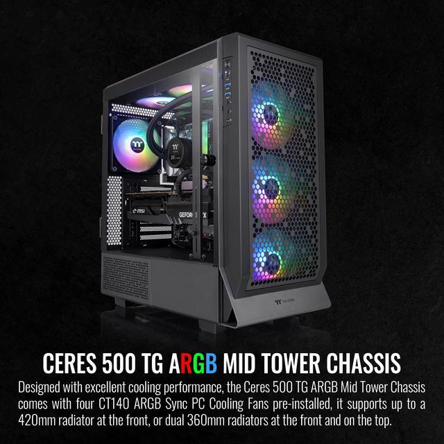 Thermaltake Ceres 500 Black Mid Tower E-ATX Computer Case with Tempered  Glass Side Panel; 4 Preinstalled 140mm PWM ARGB Fans; Rotational PCIe Slots  &