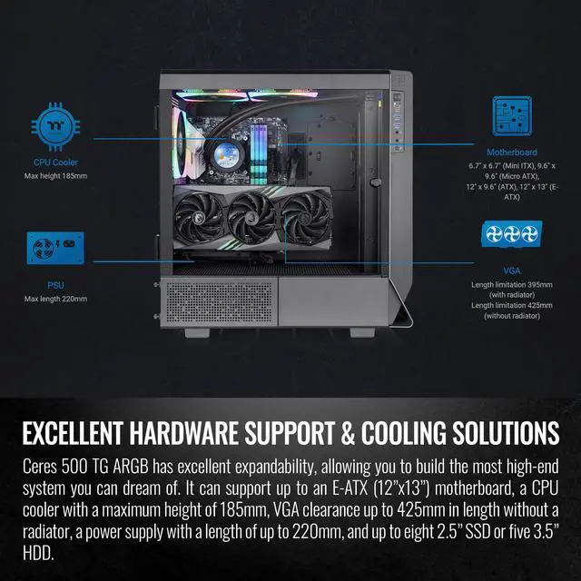 Alt view image 6 of 11 - Thermaltake Ceres 500 Black Mid Tower E-ATX Computer Case with Tempered Glass Side Panel; 4 Preinstalled 140mm PWM ARGB Fans; Rotational PCIe Slots & GPU Holder; CA-1X5-00M1WN-00