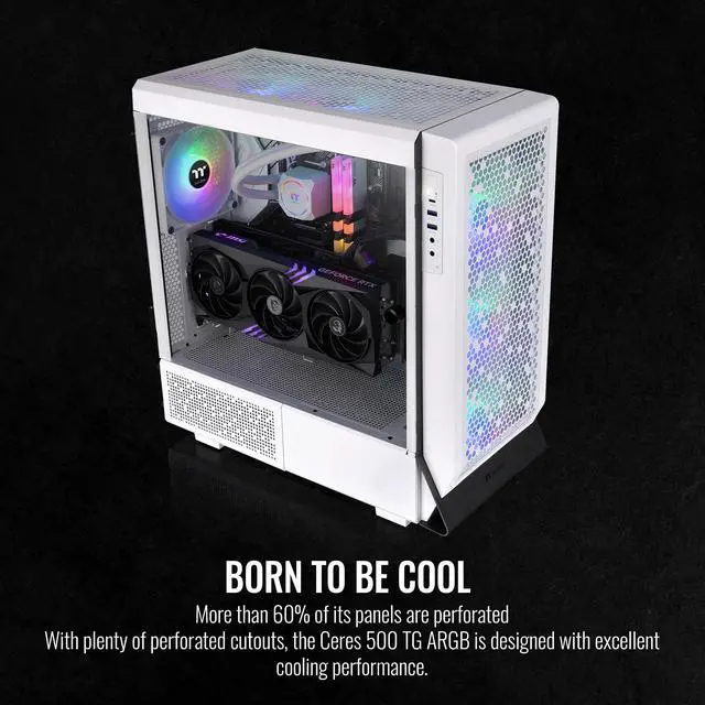 Alt view image 3 of 11 - Thermaltake Ceres 500 Snow Edition Mid Tower E-ATX Computer Case with Tempered Glass Side Panel; 4 Preinstalled 140mm PWM ARGB Fans; Rotational PCIe Slots & GPU Holder; CA-1X5-00M6WN-00