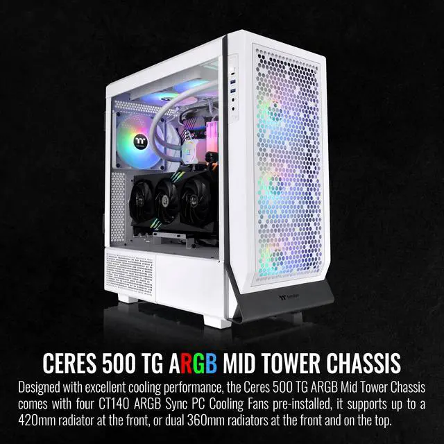 Alt view image 4 of 11 - Thermaltake Ceres 500 Snow Edition Mid Tower E-ATX Computer Case with Tempered Glass Side Panel; 4 Preinstalled 140mm PWM ARGB Fans; Rotational PCIe Slots & GPU Holder; CA-1X5-00M6WN-00
