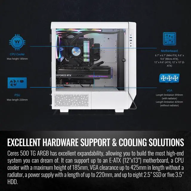 Alt view image 7 of 11 - Thermaltake Ceres 500 Snow Edition Mid Tower E-ATX Computer Case with Tempered Glass Side Panel; 4 Preinstalled 140mm PWM ARGB Fans; Rotational PCIe Slots & GPU Holder; CA-1X5-00M6WN-00
