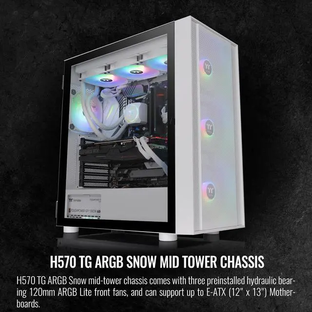 Alt view image 2 of 6 - Thermaltake H570 TG Snow Edition ATX Mid Tower ARGB Tempered Glass Computer Case Chassis with Mesh Front Panel CA-1T9-00M6WN-01