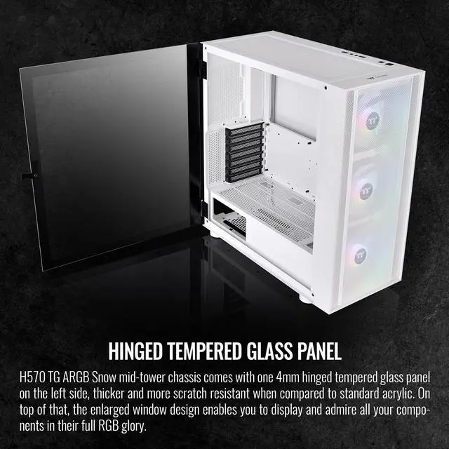 Alt view image 3 of 6 - Thermaltake H570 TG Snow Edition ATX Mid Tower ARGB Tempered Glass Computer Case Chassis with Mesh Front Panel CA-1T9-00M6WN-01