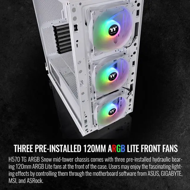 Alt view image 4 of 6 - Thermaltake H570 TG Snow Edition ATX Mid Tower ARGB Tempered Glass Computer Case Chassis with Mesh Front Panel CA-1T9-00M6WN-01
