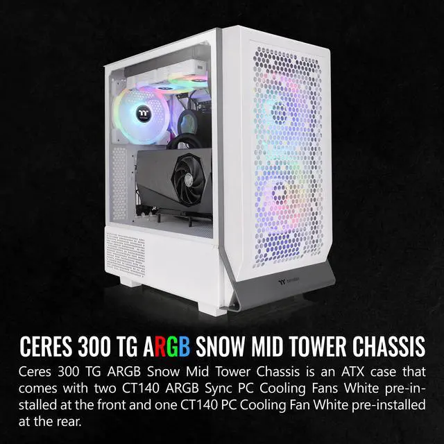 Alt view image 2 of 12 - Thermaltake Ceres 300 Snow Edition Mid Tower E-ATX Computer Case With Tempered Glass Side Panel; 2xCT140 ARGB Fan Preinstalled; Rotational PCIe Slots & GPU Holder; CA-1Y2-00M6WN-00