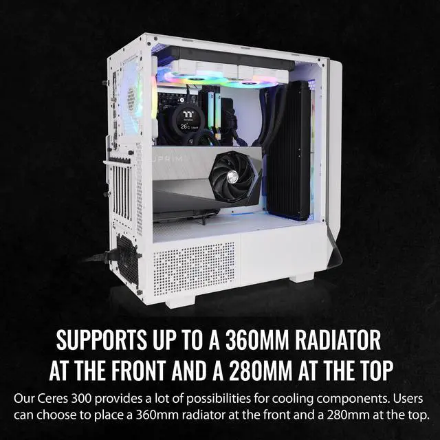 Alt view image 4 of 12 - Thermaltake Ceres 300 Snow Edition Mid Tower E-ATX Computer Case With Tempered Glass Side Panel; 2xCT140 ARGB Fan Preinstalled; Rotational PCIe Slots & GPU Holder; CA-1Y2-00M6WN-00