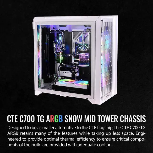 Alt view image 2 of 18 - Thermaltake CTE C700 TG ARGB Snow Mid Tower with Centralized Thermal Efficiency Design; 3x140mm White CT140 ARGB Fans Pre-Installed; Tempered Glass Front & Side Panel; CA-1X7-00F6WN-01; White