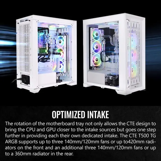 Alt view image 3 of 16 - Thermaltake CTE T500 TG ARGB Snow E-ATX Full Tower with Centralized Thermal Efficiency Design; 3x140mm White CT140 ARGB Fans Pre-Installed; Tempered Glass Front & Side Panel; CA-1X8-00F6WN-01; White