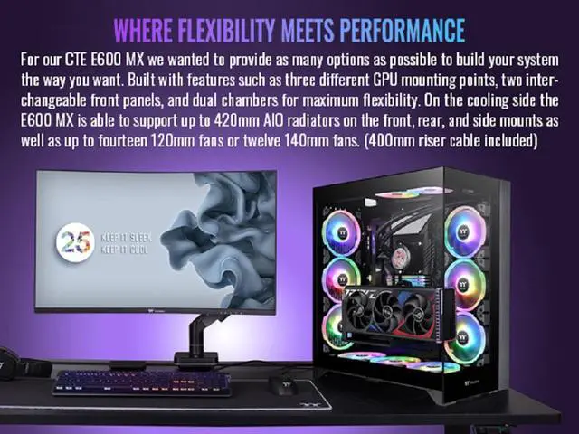 Alt view image 3 of 18 - Thermaltake CTE E600 MX Black Mid Tower E-ATX Case with Centralized Thermal Efficiency Design; 3Way Floating GPU Mounting Bracket/ 400mm PCIe4 Riser Cable are all Included; CA-1Y3-00M1WN-00