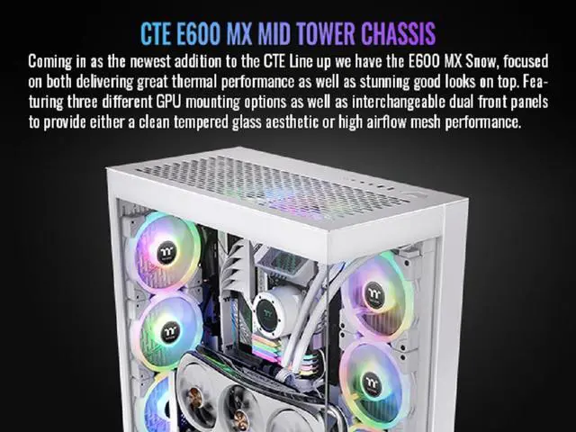 Alt view image 2 of 18 - Thermaltake CTE E600 MX Snow Mid Tower E-ATX Case with Centralized Thermal Efficiency Design;  3Way Floating GPU Mounting Bracket/ 400mm PCIe4 Riser Cable are all Included; CA-1Y3-00M6WN-00